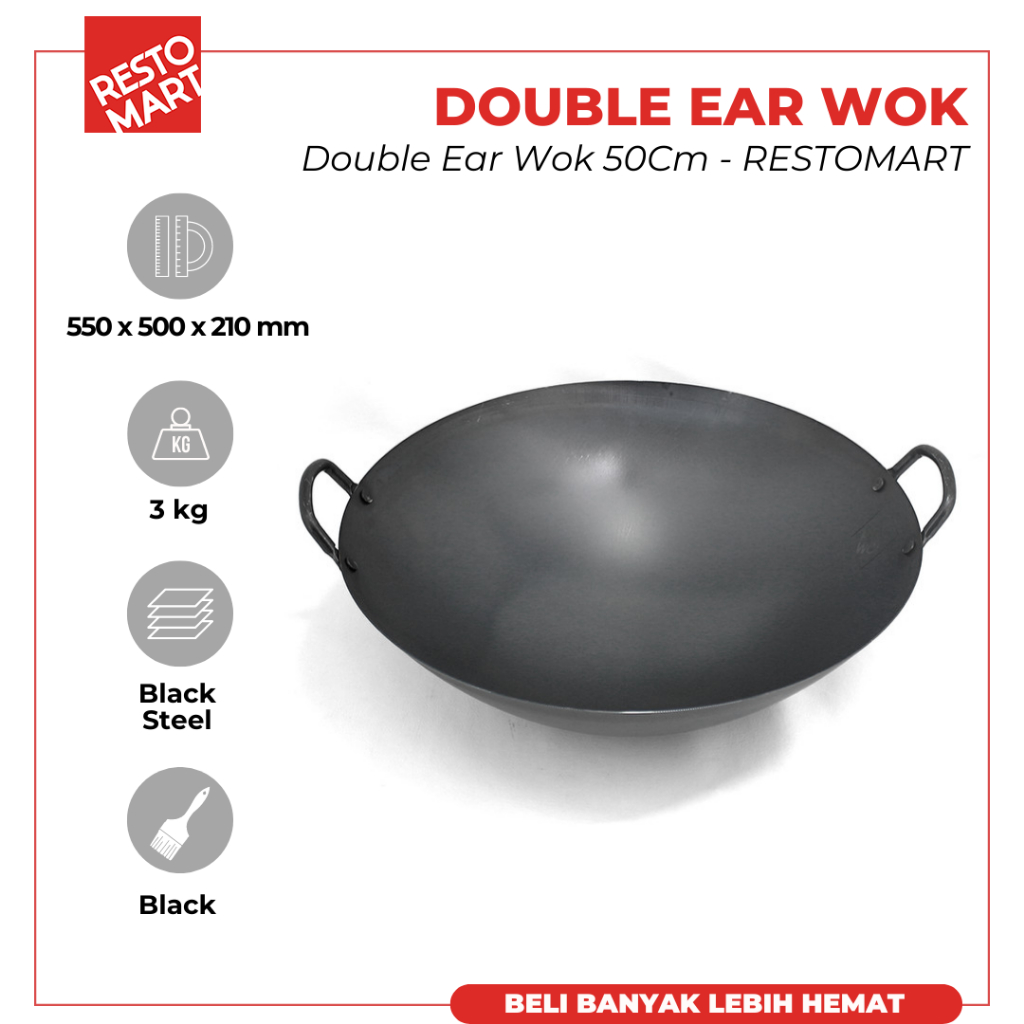 Wajan Baja Pre Seasoned / Kuali / Wajan Black Steel / Double Ear Wok 50 cm RESTOWOK Blaxk Steel (229