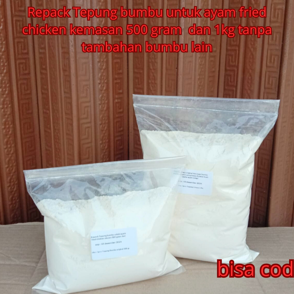 

Repack Tepung bumbu untuk ayam fried chicken kemasan 500 gram dan 1kg tanpa tambahan bumbu lain