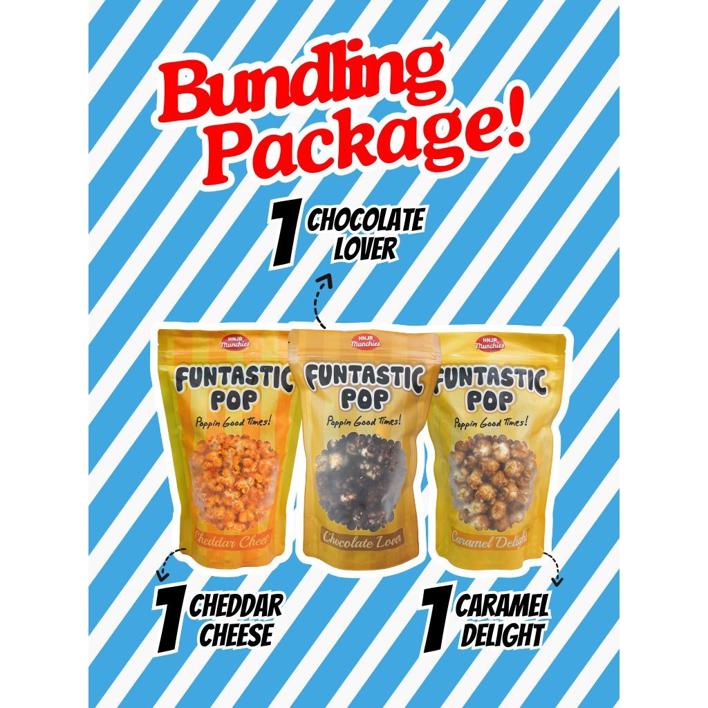 

HNJR MUNCHIES FUNTASTIC POP ( BUY 1 GET 3 ) Popcorn Caramel , Dark Chocolate , Cheddar Cheese Large Camilan Snack Jagung