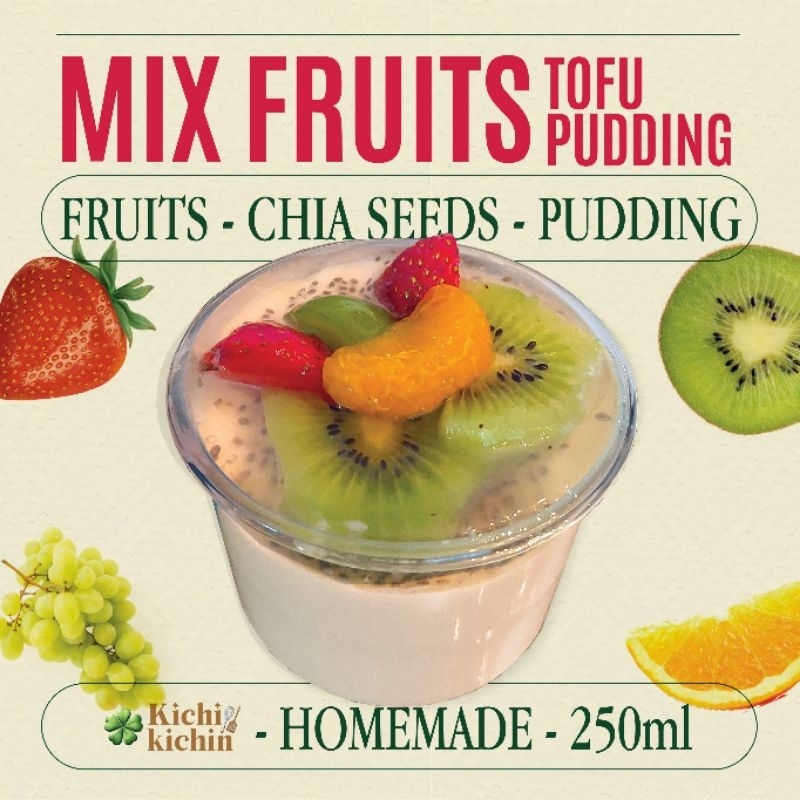 

READY INSTANT - 250ml Mix Fruit Tofu Pudding with Chia Seeds Handmade ( Japanese Milky Silky Soft Pudding - Puding Susu Sutra Topping Buah )