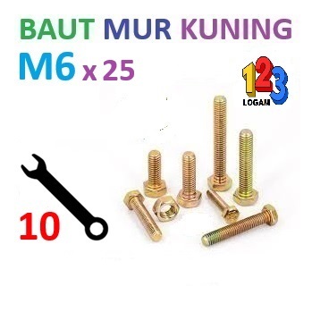 BMK M6x25 mm Baut Mur Kuning, Kunci 10, Drat P1.00