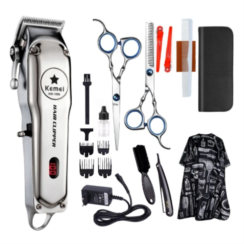 [COD] Paket Barbershop Mesin Cukur Rambut Elektrik Mesin Kemei Km-1996 Charger Hair Clipper Professi