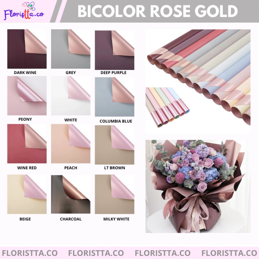 

(pack)Kertas Buket polos Cellophane Bicolor Rosegold/Double Side 20 lembar