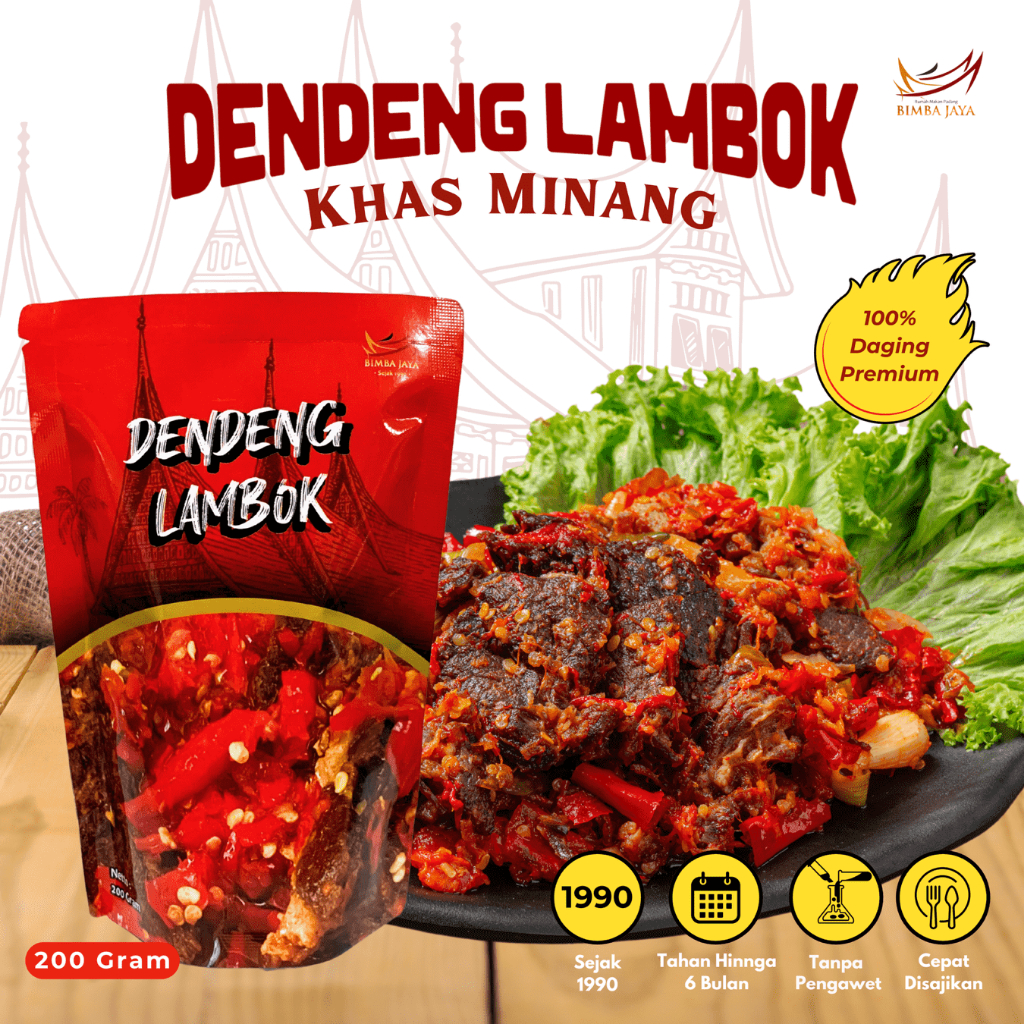 

Dendeng Balado Lambok Daging Sapi Padang Basah Pedas Frozen Kemasan 200 gram Siap Makan Bimba Jaya