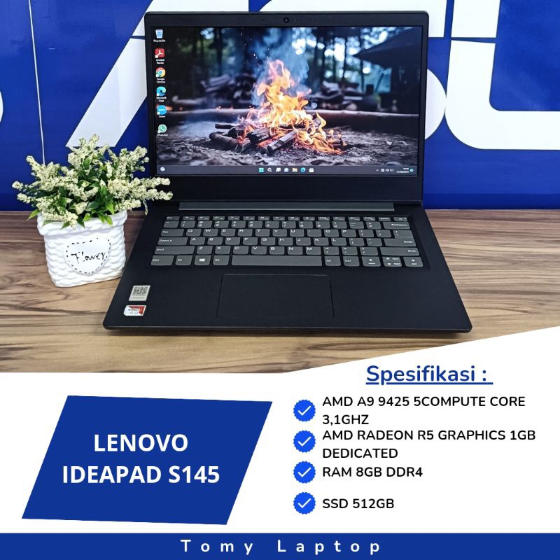 LAPTOP BEKAS LENOVO IDEAPAD S145/ AMD A9 9425/ RAM 8GB DDR4/ SSD 512GB/ 14INCH SLIM BEZEL