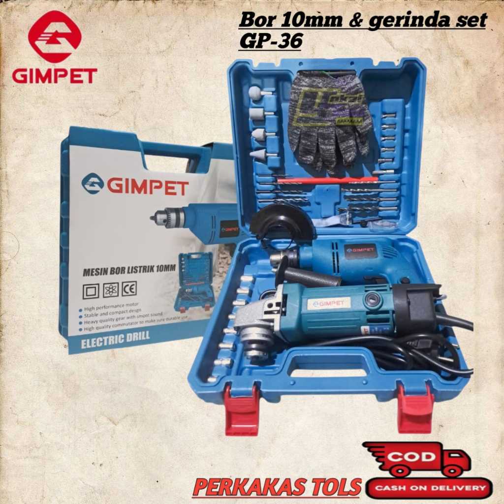 Mesin Gerinda Tangan dan Mesin Bor Listrik-10mm set koper gimpet-power tools-paket bor dan gerinda-m