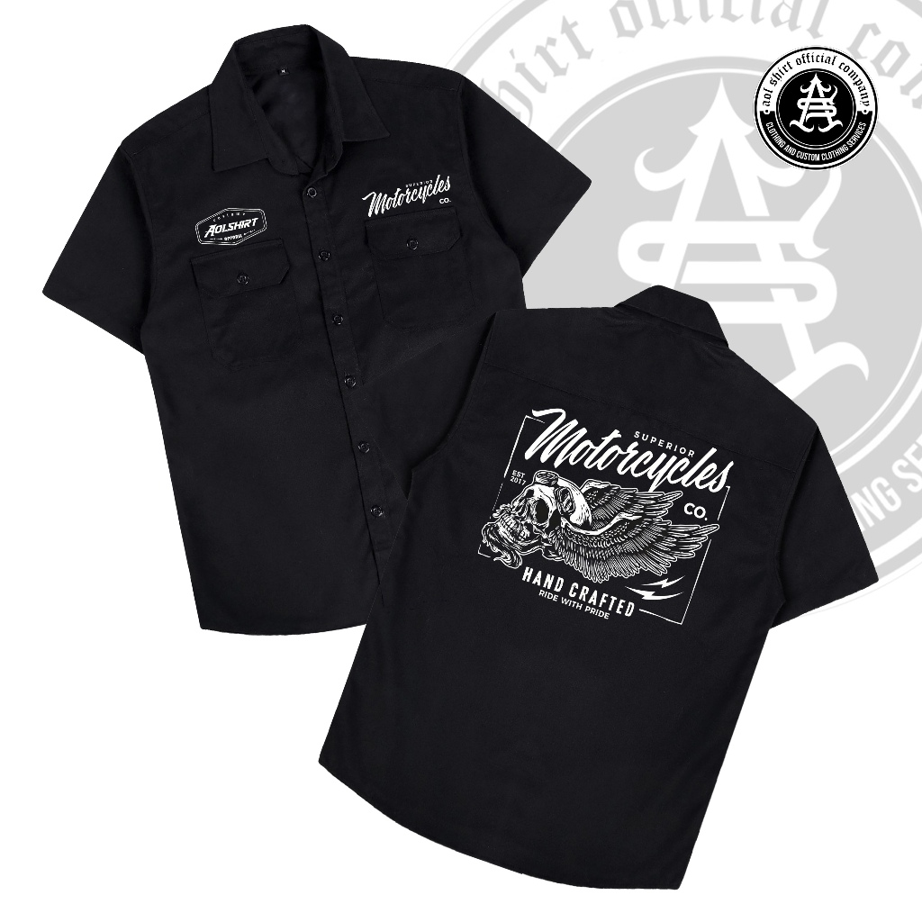 MOTORCYLES Workshirt Metal / Kemeja Workshirt Pria Hitam / AOLSHIRT