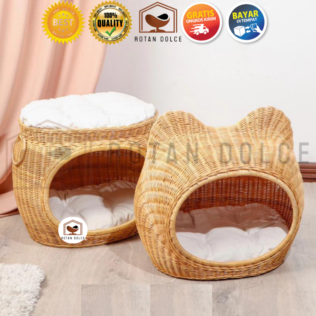 Tempat Tidur Kucing Anjing Rotan / Rumah Kucing Tingkat Rotan Hewan Peliharaan