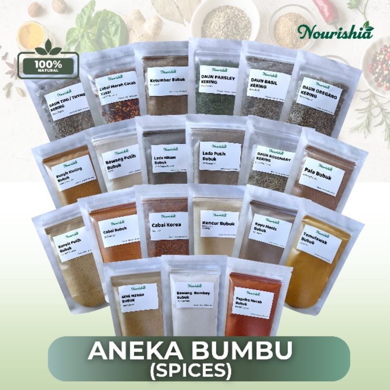 

Aneka Bumbu Dapur/Spices - Rempah bubuk - Ketumbar Bubuk, bawang putih, lada putih, kunyit, lada hitam, ketumbar, bawang bombay, temulawak, kencur, paprika, kayu manis, cabai bubuk, basil, rosemary, timi, thyme, parsley