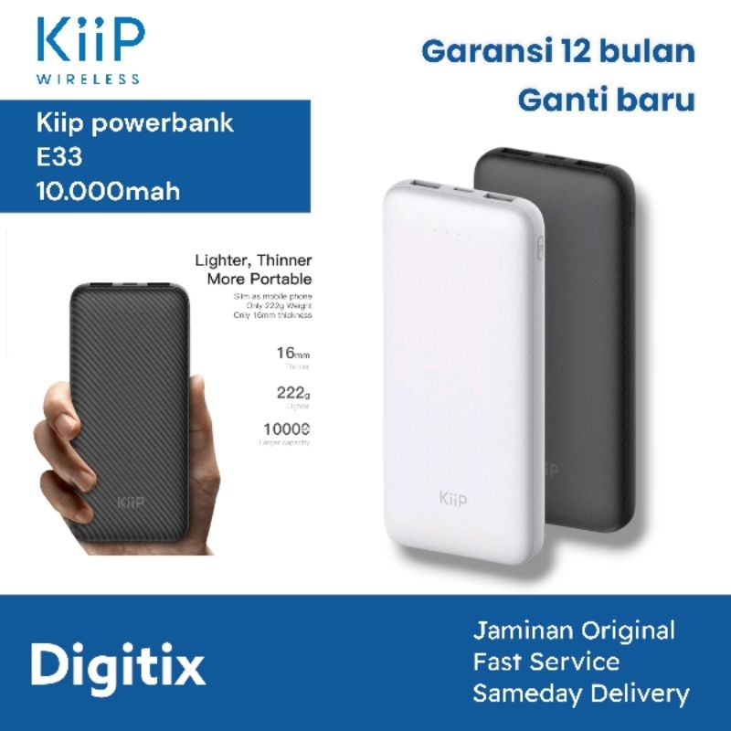 KIIP E33 Powerbank Slim 10000 Mah Dual USB Type C Micro