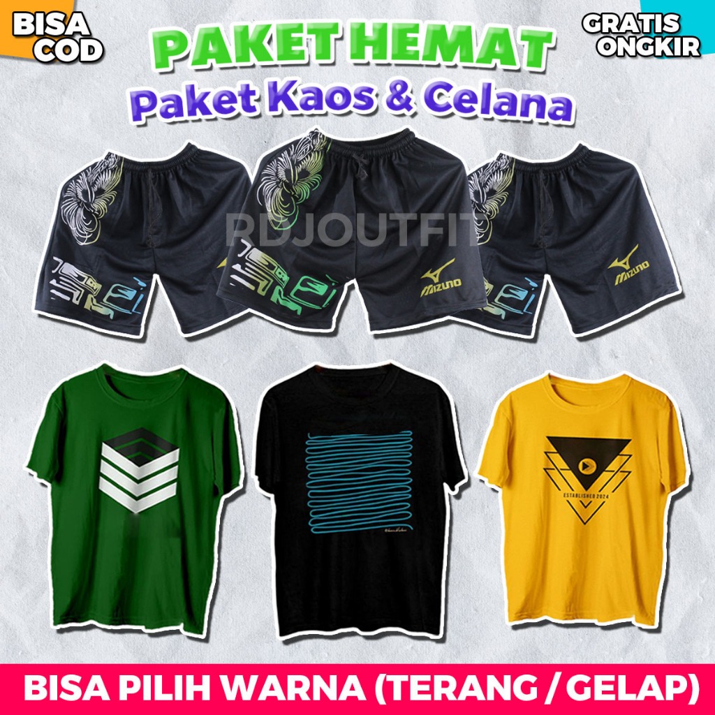 PAKET HEMAT SETELAN ONESET PRIA 2PCS KAOS UK L+3PCS CELANA MIZUNO PENDEK Dewasa Remaja Olahraga Lott
