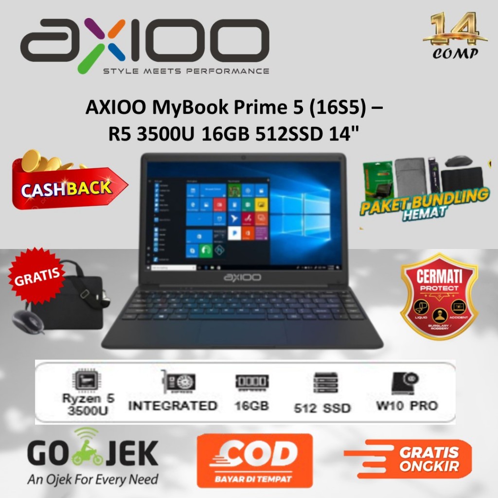 Axioo Mybook Prime 5 (16S5) R5-3500U 16GB 512GB Windows 10 Pro