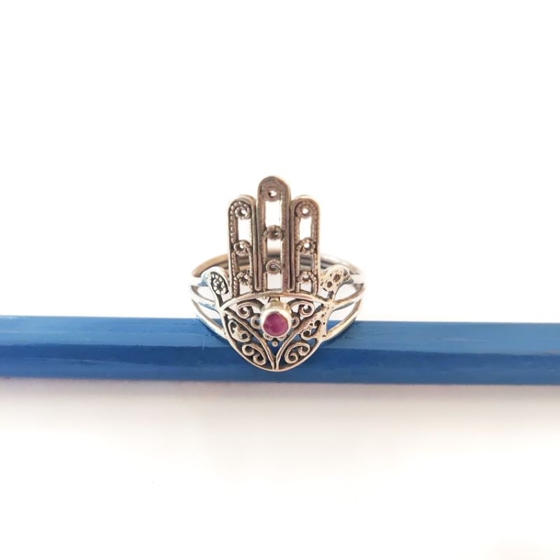 Cincin Perak Silver Bali Hamsa Tangan Yoga Meditasi Batu Merah Asli 925 Pria Wanita Keren