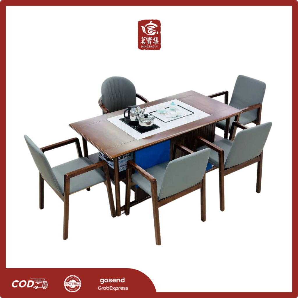 MING BAO JI Meja Teh China Set 906 Brown White Marmer Furniture Set Meja Teh Kursi Teko Panci