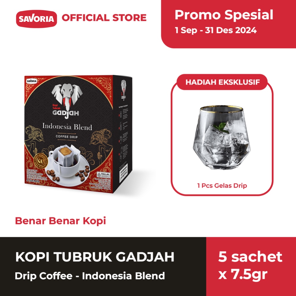 Kopi Tubruk Gadjah Drip Indonesia Blend 5 Sachet x 7.5g + Gelas Drip