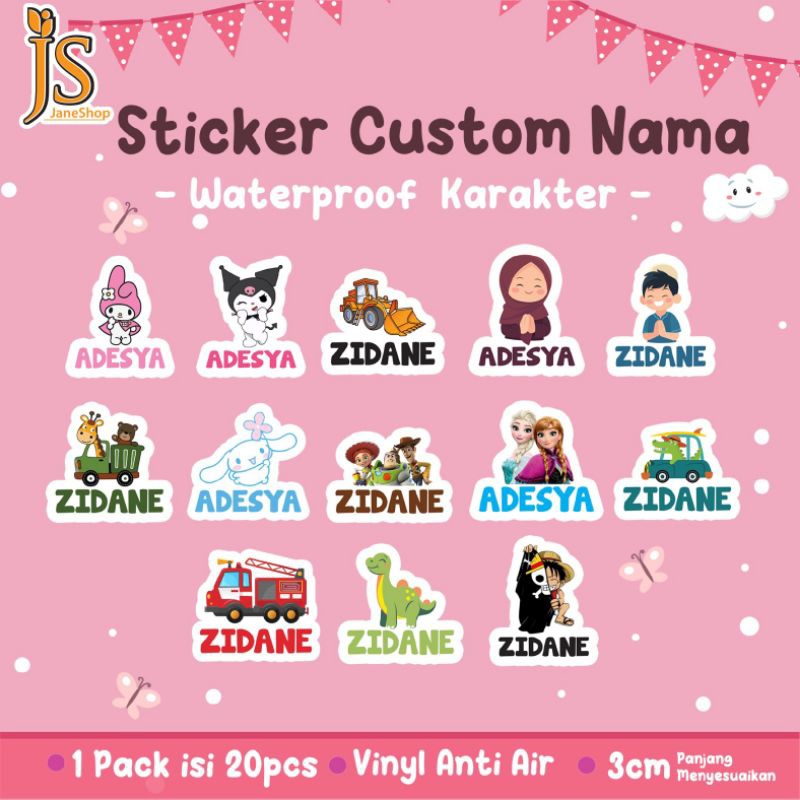 

Isi 20 pcs Sticker Stiker Label Nama Anak Custom Nama Karakter Anti Air Waterproof