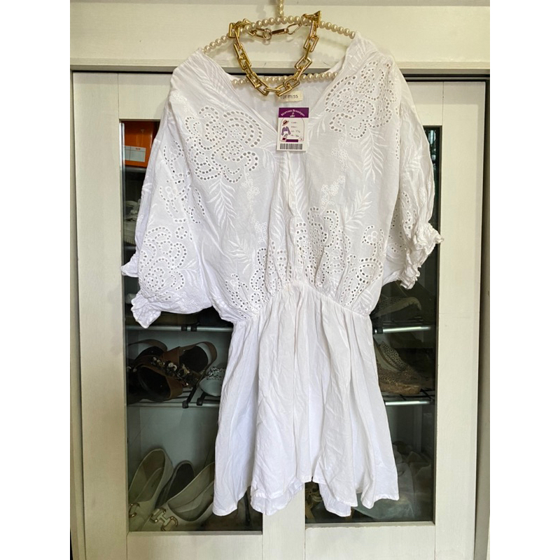 Blouse lace brukat mini midi dress WHITE putih brukat katbol brokat pinggang serut lengan pendek bal