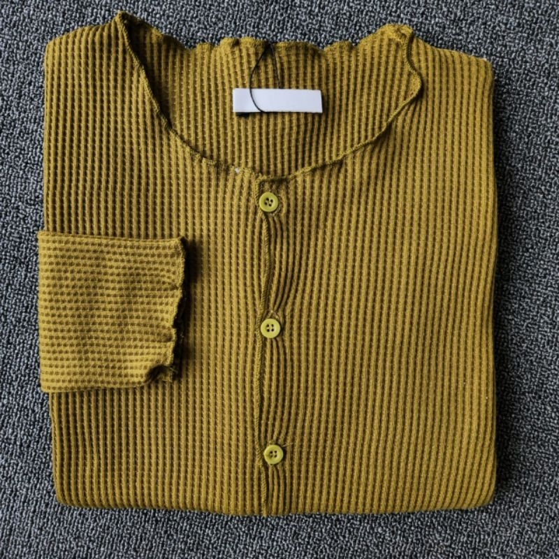 Cardigan Rajut Waffle Crop Top Lengan Panjang / Crop Top Wanita Baju Knitwear Atasan Stripped