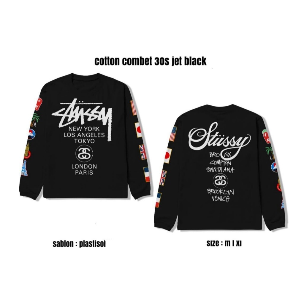 BAJU KAOS TSHIRT LONG SLEEVE LENGAN PANJANG STUSSY TOUR BLACK