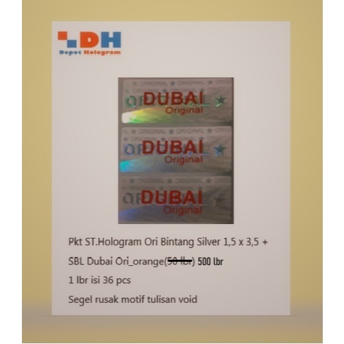 

PAKET ST.Hologram 3D ORI Bintang 1,5 x 3,5 cm + sablon 1 warna orange_Dubai Ori (500 lbr)