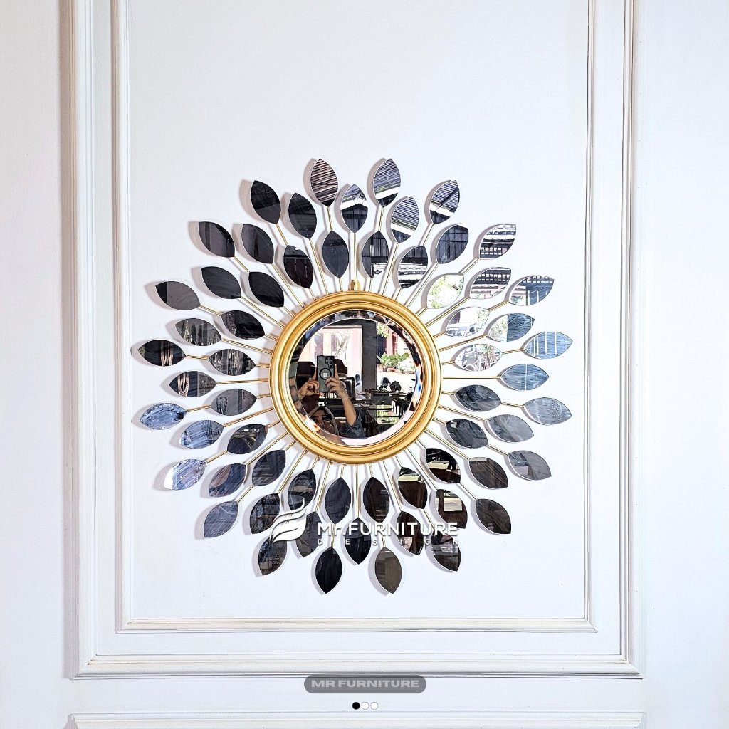 cermin dinding hiasan dinding gold kaca daun