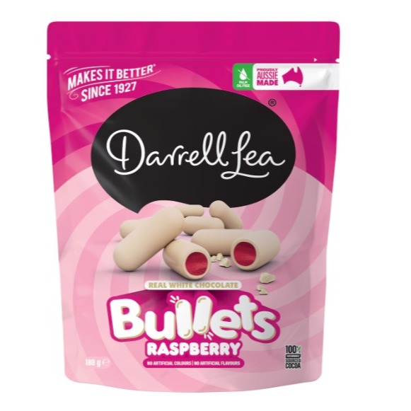 

Darrell Lea White Chocolate Raspberry Bullets Share Bag 180g/JULI 2025