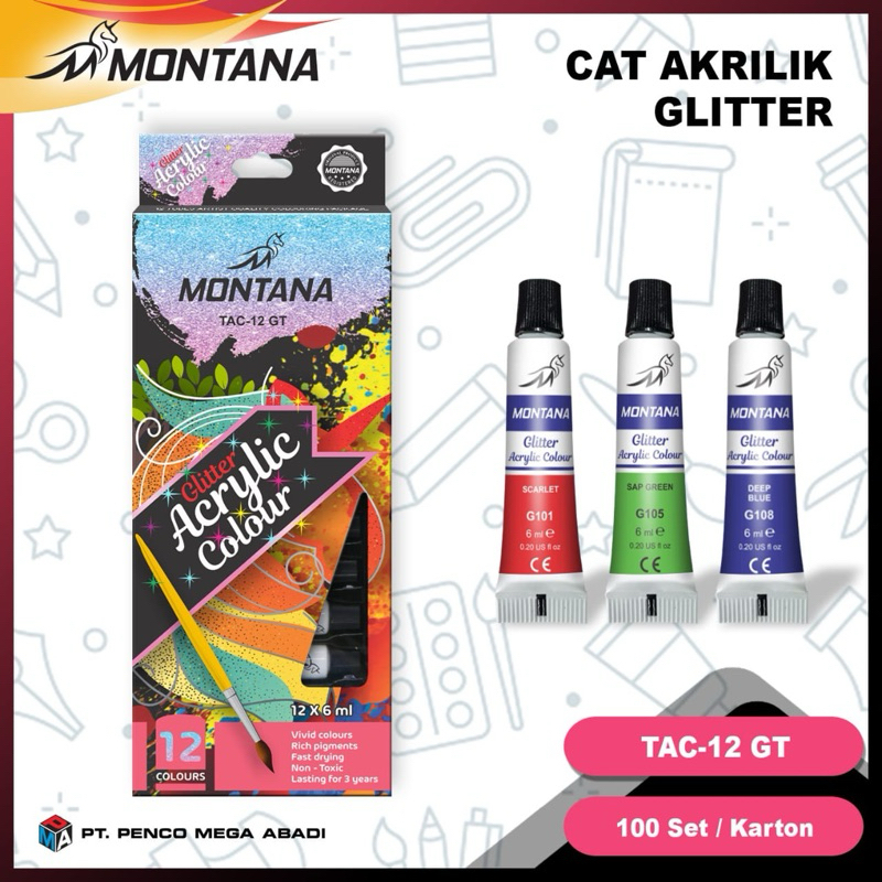 

( 1 set ) Montana Acrylic Color Paint Glitter 12 Warna / Cat Acrylic 12w Warna Kerlap Kerlip / Cat Air Akrilik Gemerlap TAC-12-GT