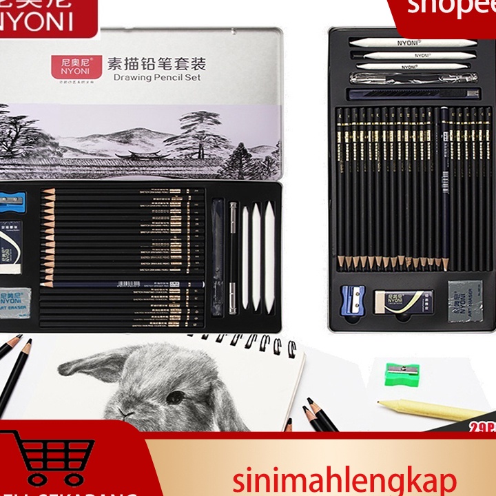 

BONUS MENARIK NYONI Sketch drawing pencil pensil grafit charcoal arang 29 pcs set tin case
