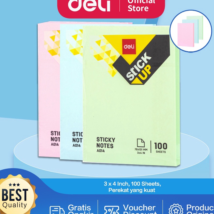 

PESTA HARGA SPESIAL Deli Memo tempel Sticky Notes 1 Sheets perekat kuat tahan lama warna neon eye catching EA143