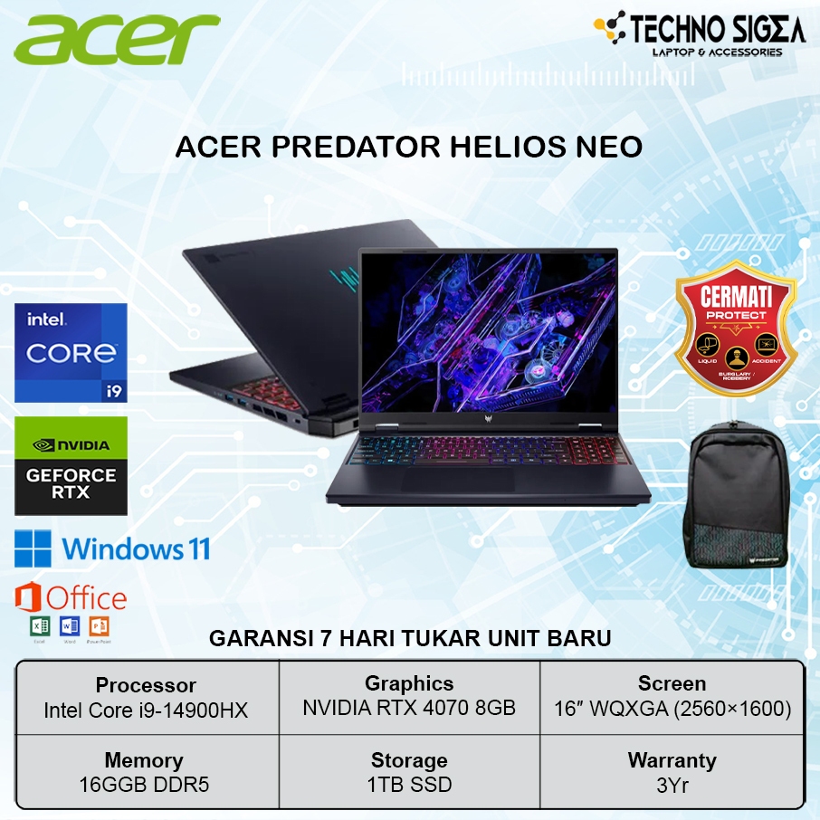 ACER Predator Helios Neo 16 i9 14900HX RTX4070 32GB 1TB 16.0 WQXGA 240Hz