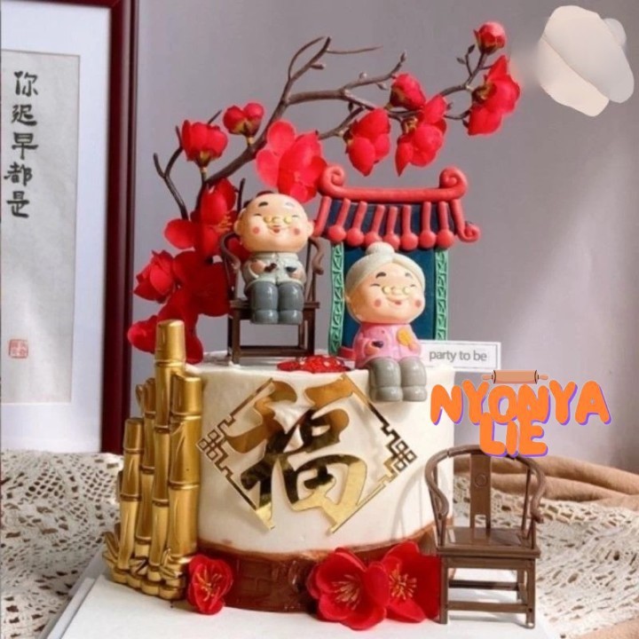 CTC21 Cake Topper Kakek Nenek Grandpa Grandma Opa Oma Gold Anniversary Teapot Chair Dekorasi Kue