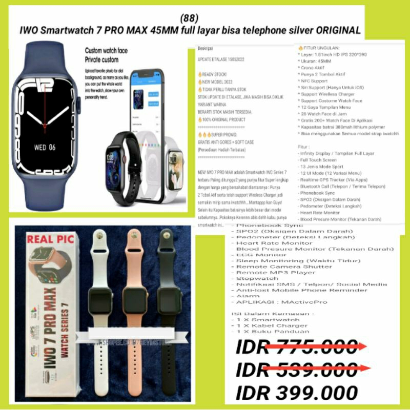 smartwatch iwo 7 pro max 45mm full layar bisa telpon warna silver ori