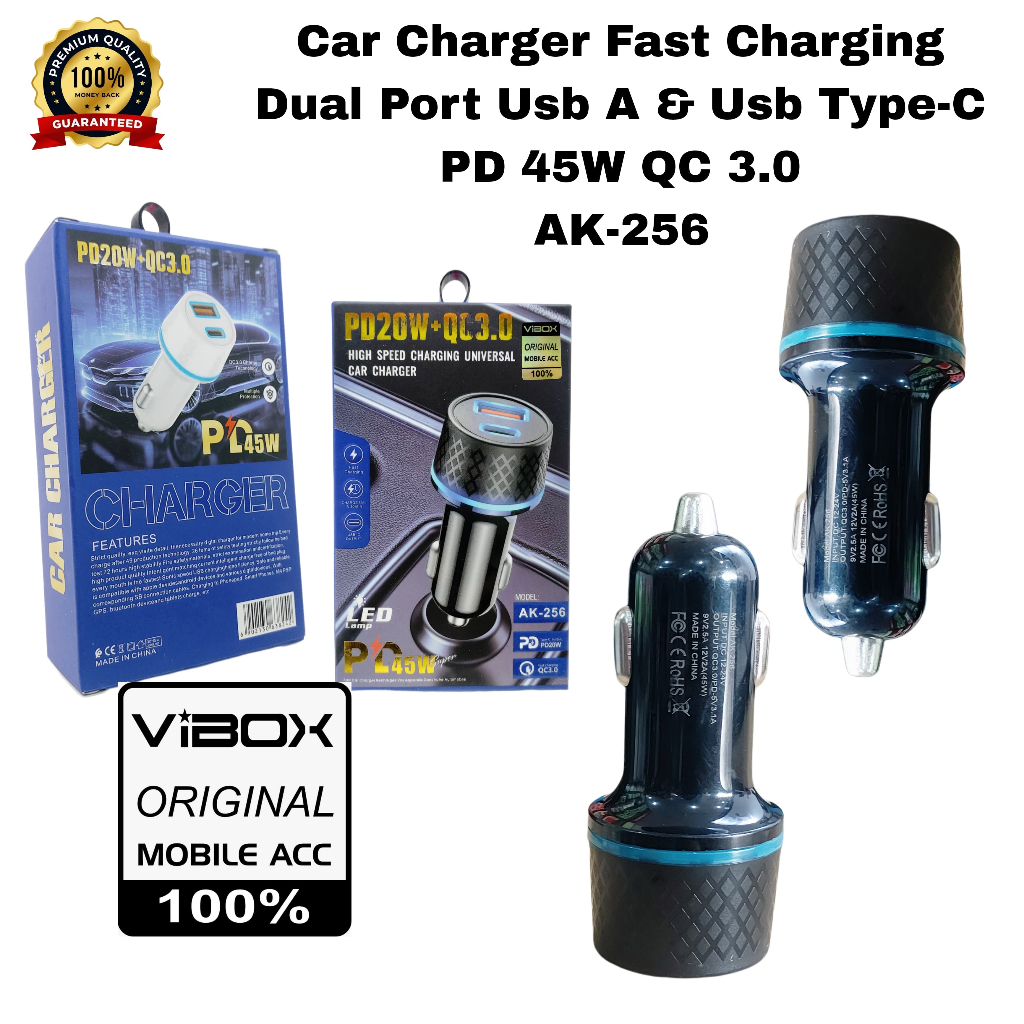 Vibox AK-256 Car Charger PD 45W Fast Charging QC3.0 2port Saver Mobil Colokan Usb Dan Type C Univers
