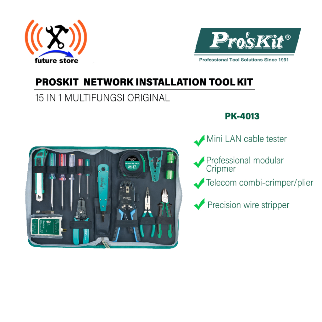 PROSKIT PK-4013 NETWORK INSTALLATION TOOL KIT - PERALATAN INSTALASI JARINGAN 15 IN 1 MULTIFUNGSI PRO