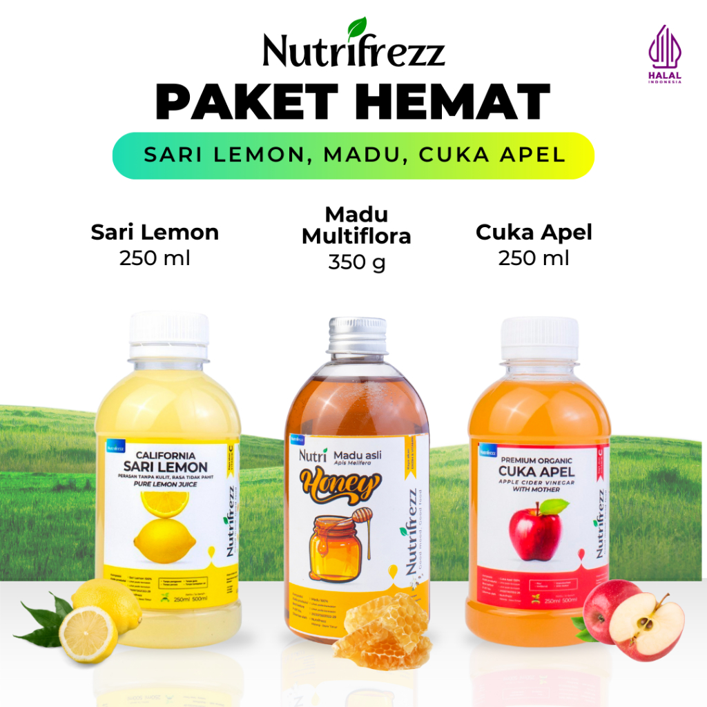 

Nutrifrezz - Paket Diet Detox - Paket Asam Lambung- 3 in 1- Cuka Apel - Sari Lemon - Madu - 250ML