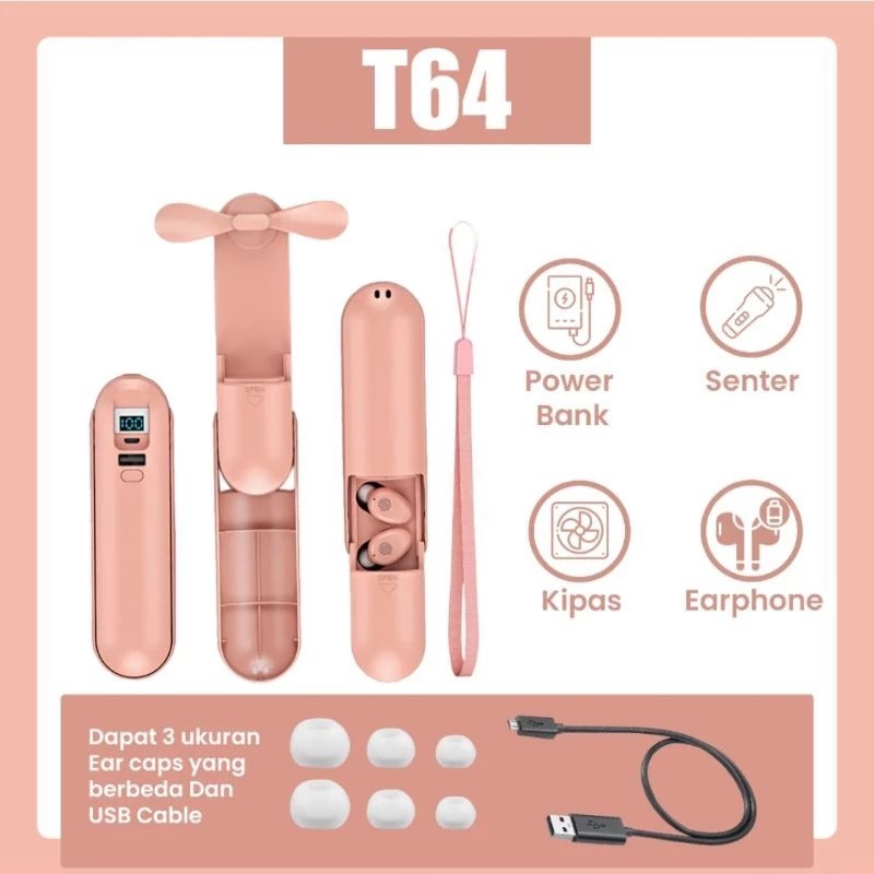 JQVITEK TWS T64 Headset LED 4IN1 Kipas/Powerbank/Wireless Earphone Mini Fan