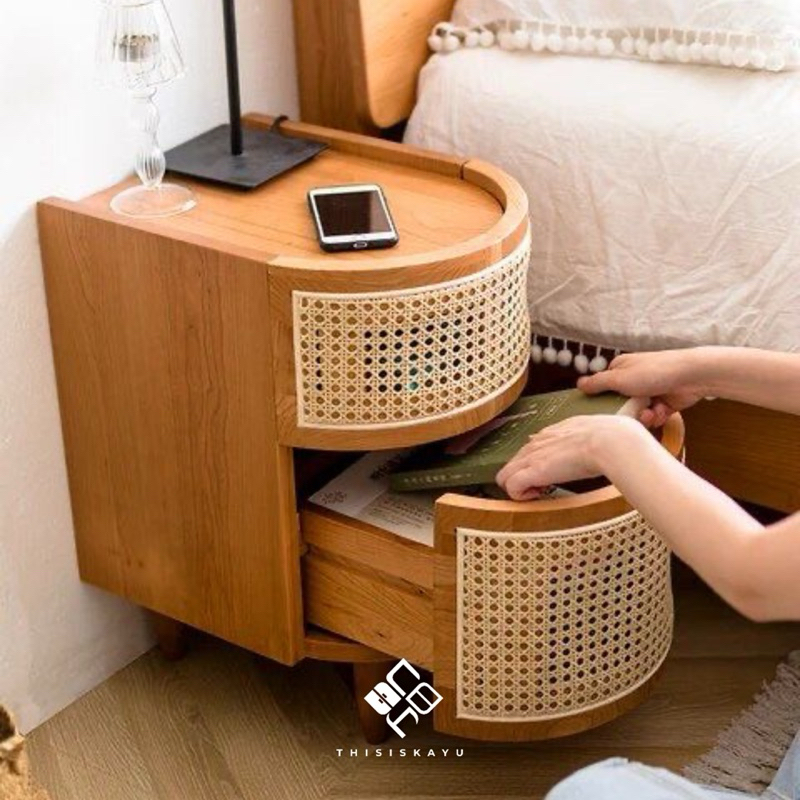 NAKAS LACI TEMPAT TIDUR KAYU JATI ANYAMAN ROTAN | LEMARI KECIL TEMPAT TIDUR KAYU JAPANDI | LACI KECI