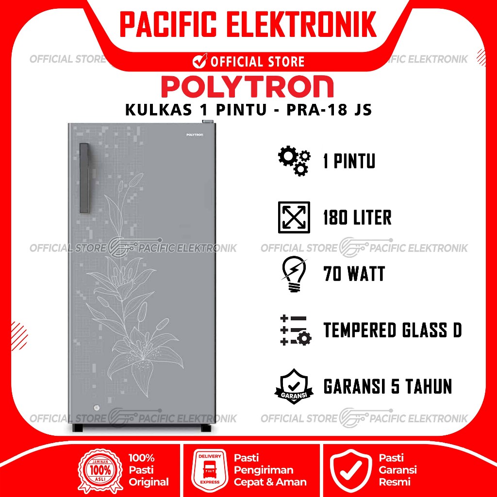 Kulkas Polytron 1 Pintu Kaca Belleza Varia With Dispenser PRA-18JY / 18JS (Warna Random)