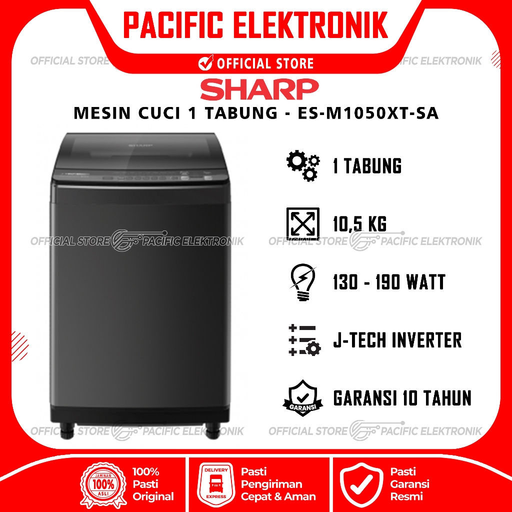 Mesin Cuci Sharp Inverter 1 Tabung Top Loading 10.5kg ES-M1050XT-SA / 1050XTSA / 1050XT