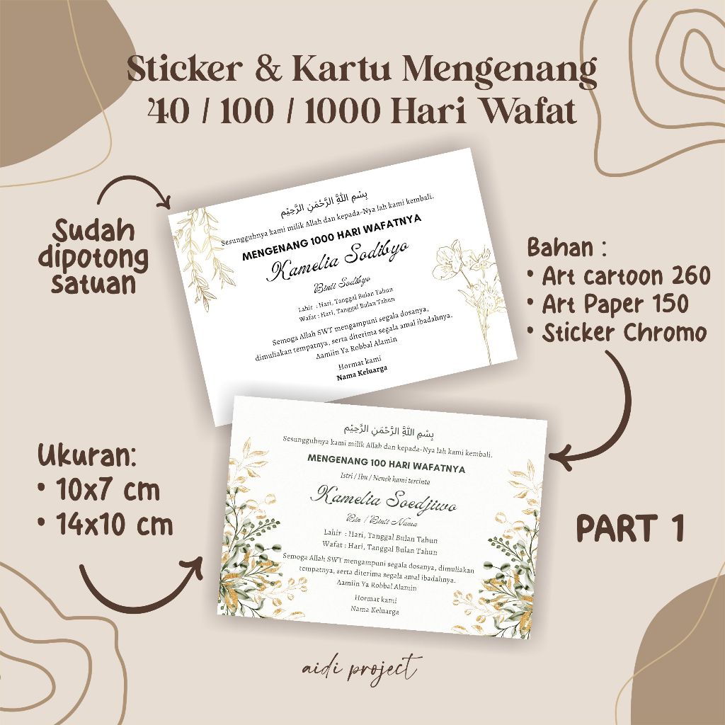 

Cetak Kartu/Stiker Mengenang 40/100/1000 Hari Wafatnya, Tahlil,