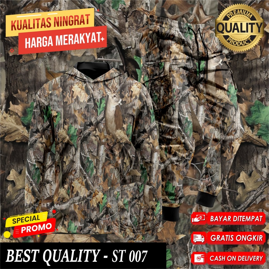 Setelan Baju Camo Hoodie Berburu Hunting Baju Berburu Hutan Kamuflase 1 Set Buff Celana Camo