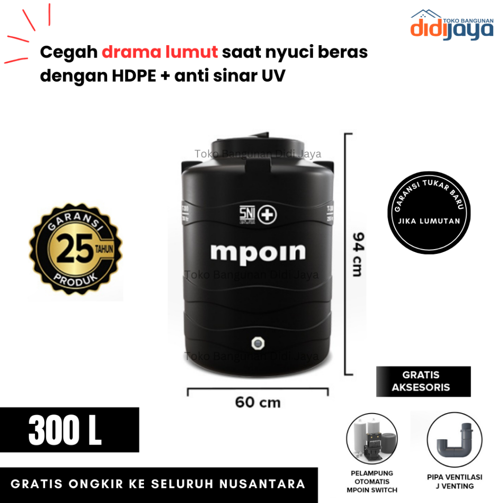 Toren Tandon Air 300 L MPOIN Wave Anti Bakteri | Tandon Air Anti Lumut | Garansi 25 Tahun