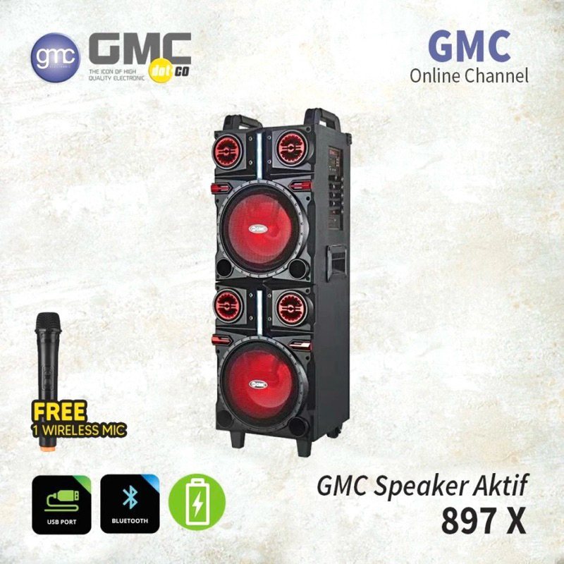 SPEAKER PORTABLE BLUETOOTH 2 x 8inch GMC 897X 897 X Free Mic Wireless