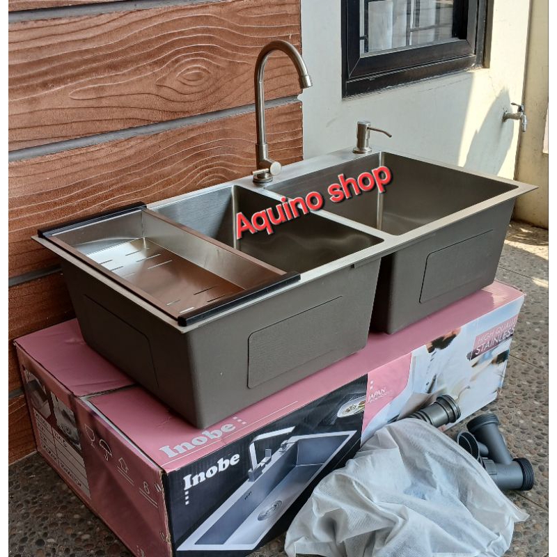 Paket komplit wastafel bak cuci piring INOBE kitchen sink 2 lubang stainless ukuran 82cm×45cm×22cm.k