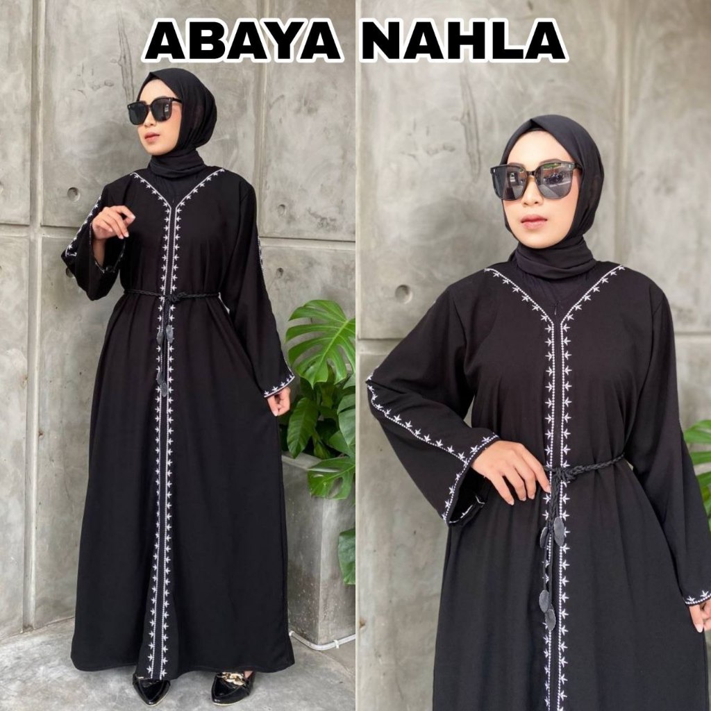 NVL Collection Abaya Saudi Hitam Abaya Jetblack Bordir Gamis Elegan Hitam Bordir Putih - NAHLA