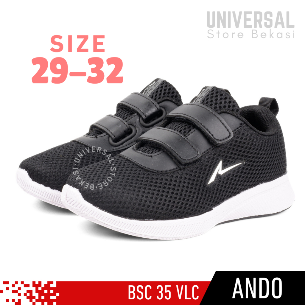 Sepatu Sekolah Anak Perempuan Balita PAUD TK SD Kelas 1 Ando BSC 35 Hitam Putih Perekat Size 29-32