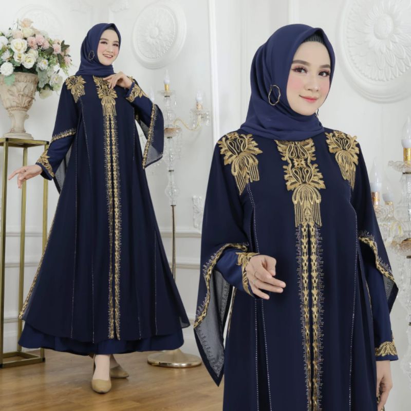 Gamis Abaya Turkey Jersey Mix Ceruty Terbaru - Rosegold Navy