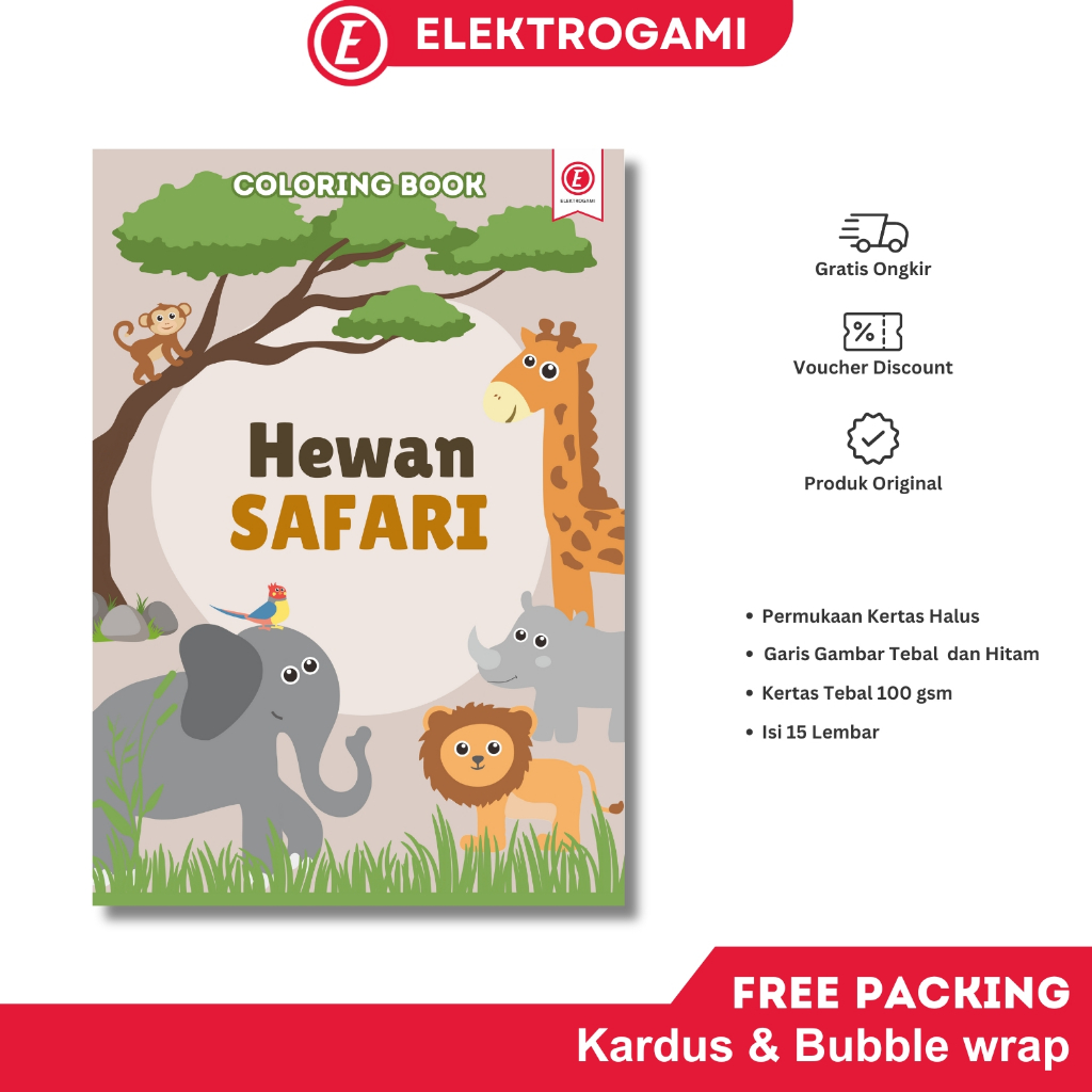 

ELEKTROGAMI Coloring Book / Buku Mewarnai Anak Tema Hewan Safari - Kertas Tebal 15 Halaman