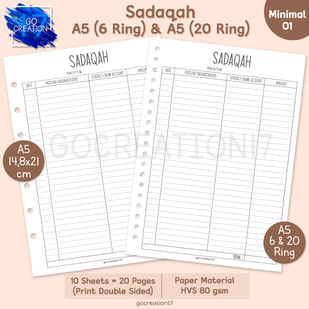 

Buku Planner Kertas Binder Sadaqah Tracker Simple Minimalis A5