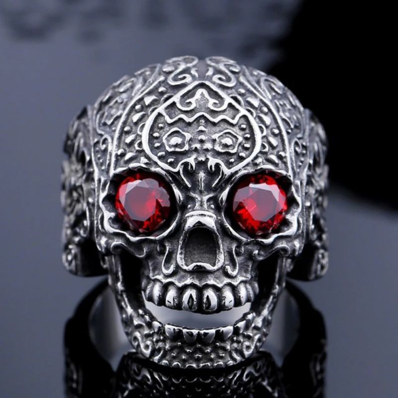 Vintage Zinc Alloy Skull Punk Ring - Cincin Tengkorak Batik Mata Ruby Merah